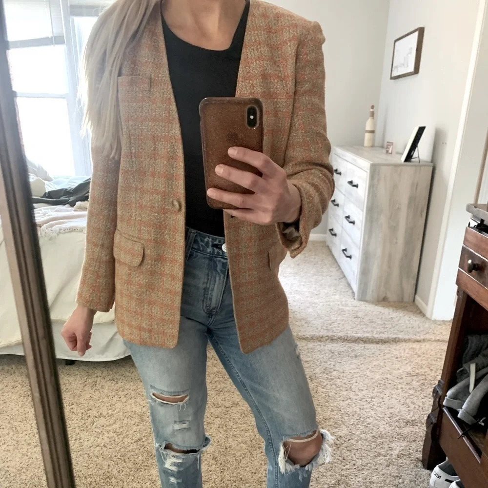 Vintage Anne Klein Cream/Rust Plaid Blazer Wool/Silk Blend Size 2 Petite
